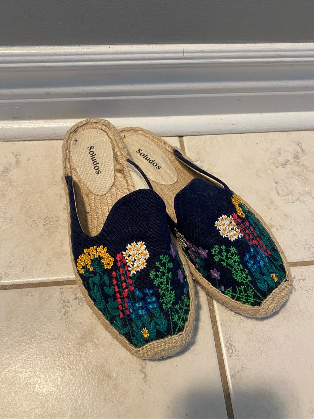 Soludos Navy Floral Embroidered Espadrilles
